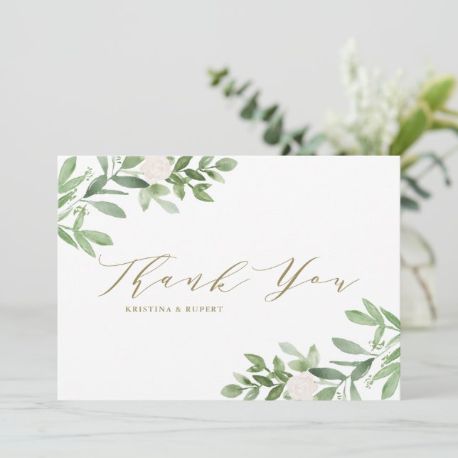 Carte De Remerciements Aquarelle vert et fleurs blanches Mariage (Debout devant)