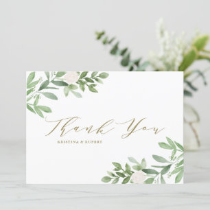 Carte De Remerciements Aquarelle vert et fleurs blanches Mariage