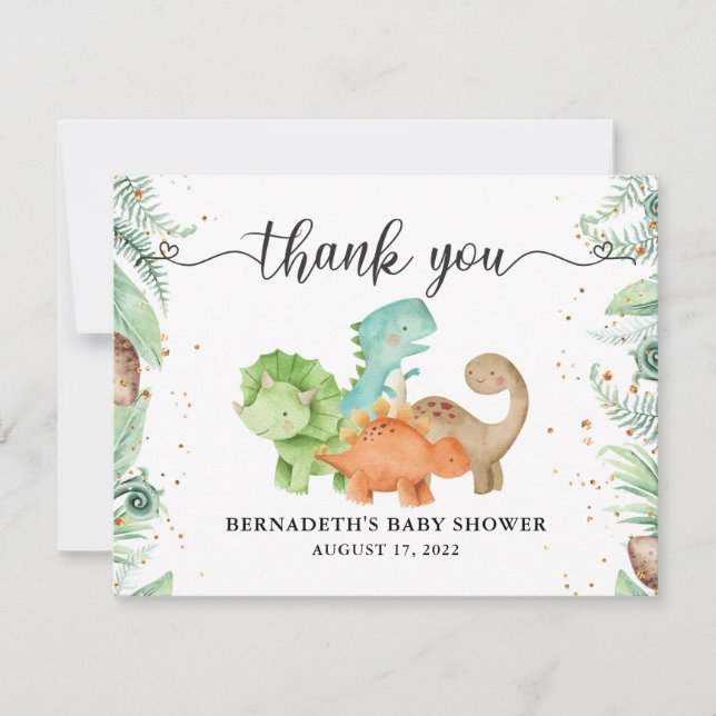 Carte De Remerciements Aquarelle Vert Floral Or Confetti Dinosaures (Devant)