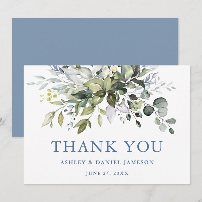 Carte De Remerciements Aquarelle Vert Mariage Dusty Blue (Devant / Derrière)