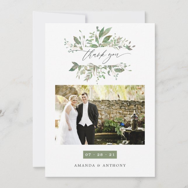 Carte De Remerciements Aquarelle Vert Mariage Photo Collage (Devant)