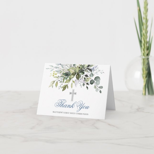 Carte De Remerciements Aquarelle verte Dusty Blue Communion Note (Devant)