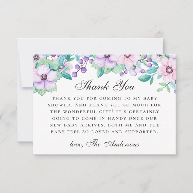 Carte De Remerciements Aquarelle violet rose jardin fleuri baby shower (Devant)