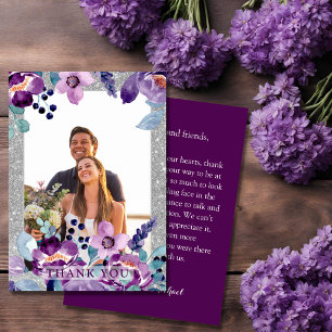 Carte De Remerciements Aquarelle violette Floral et Mariage Parties scint