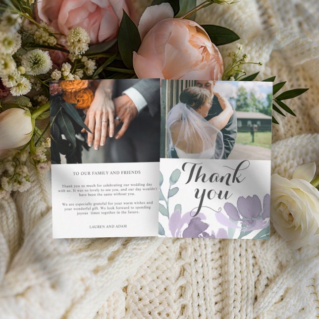 Carte De Remerciements Aquarelle violette moderne Mariage Floral (Créateur téléchargé)