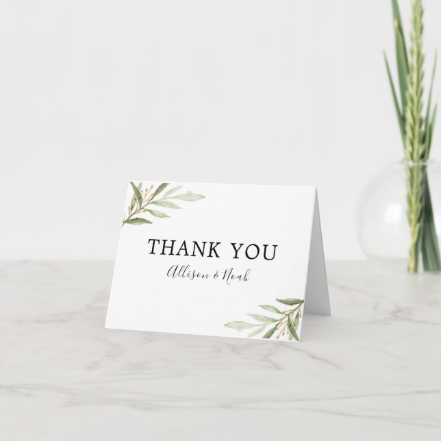 Carte De Remerciements Aquarelles vertes or vert feuille mariage (Devant)