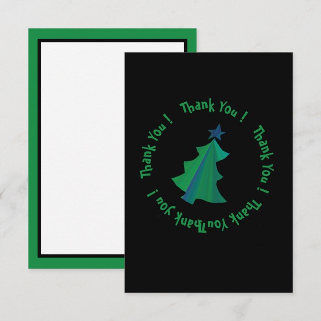 Carte De Remerciements Arbre de Noël bleu vert moderne en noir (Devant / Derrière)