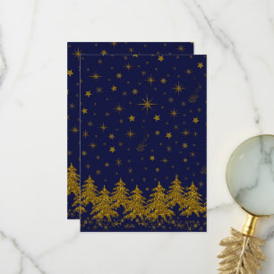 Carte De Remerciements Arbre de Noël en or brillant, étoiles, neige sur b