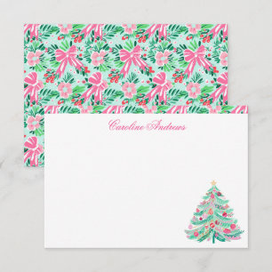 Carte De Remerciements Arbre de Noël Preppy Pink & Green Palm Beach