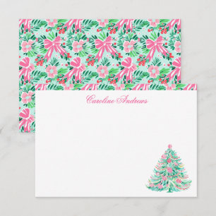 Carte De Remerciements Arbre de Noël Preppy Pink & Green Palm Beach