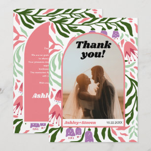 Carte De Remerciements Arc de Boho et fleurs rétro photo mariage