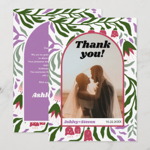 Carte De Remerciements Arc de Boho, fleurs rétro colorées photo mariage