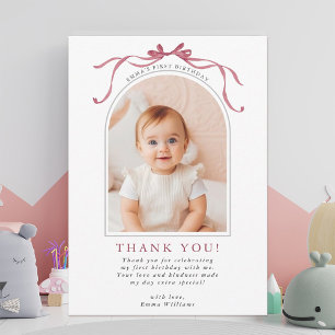 Carte De Remerciements Arc de photo d'anniversaire avec un nœud rose Deep