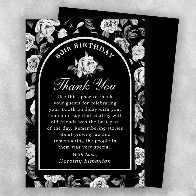 Carte De Remerciements Arc floral noir blanc Rose 80e anniversaire (Créateur téléchargé)