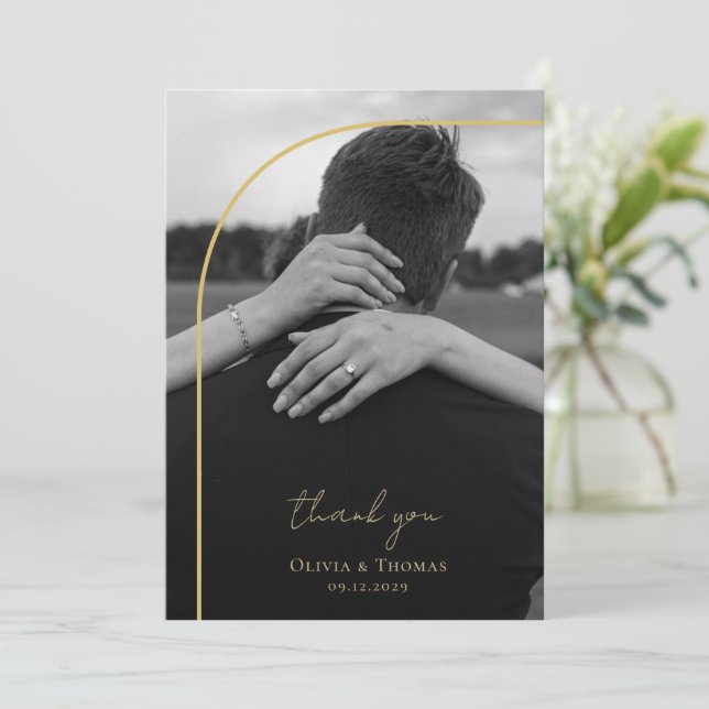 Carte De Remerciements Arc moderne noir blanc or Mariage photo (Debout devant)
