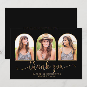 Carte De Remerciements Arc moderne Noir Or 3 Photo Graduation