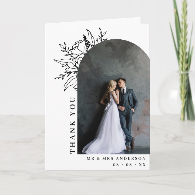 Carte De Remerciements Arche florale noir et blanc Mariage photo plié (Devant)
