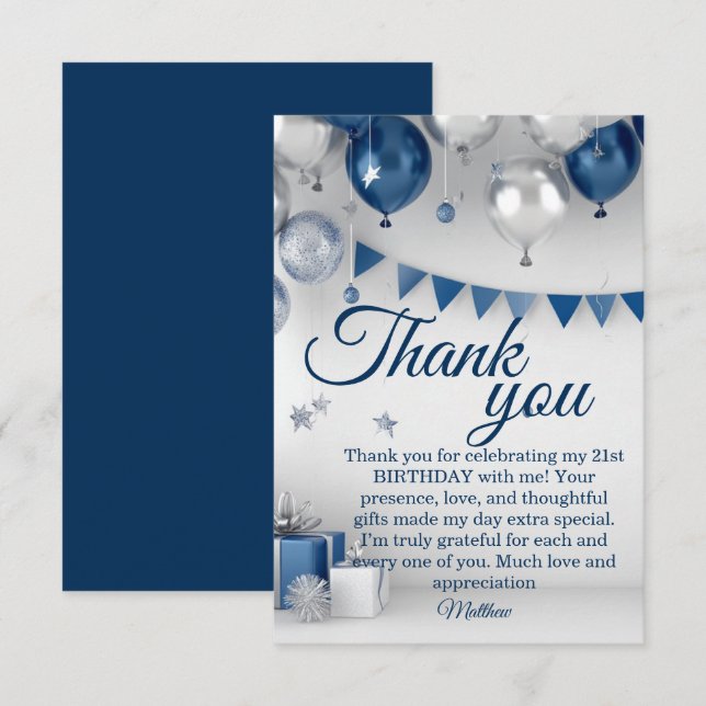 Carte De Remerciements Argent bleu 21e anniversaire (Devant / Derrière)