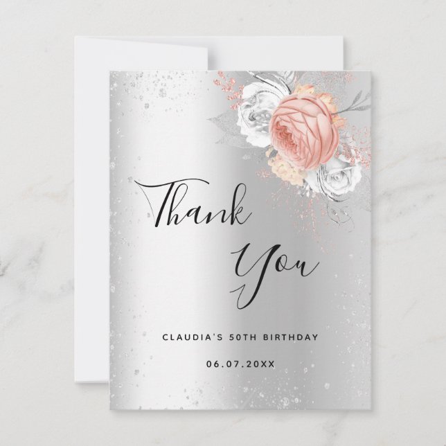 Carte De Remerciements Argent d'anniversaire rose or éclat floral (Devant)