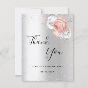 Carte De Remerciements Argent d'anniversaire rose or éclat floral