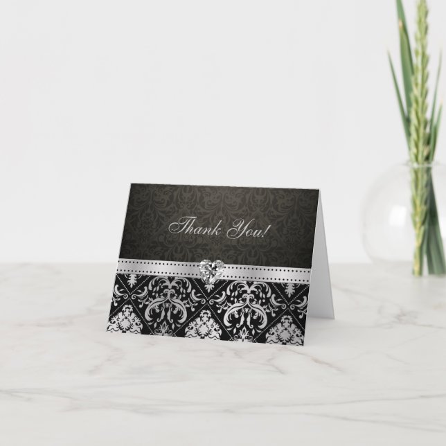 Carte De Remerciements Argent élégant et Damas noir avec Coeur Diamant (Devant)