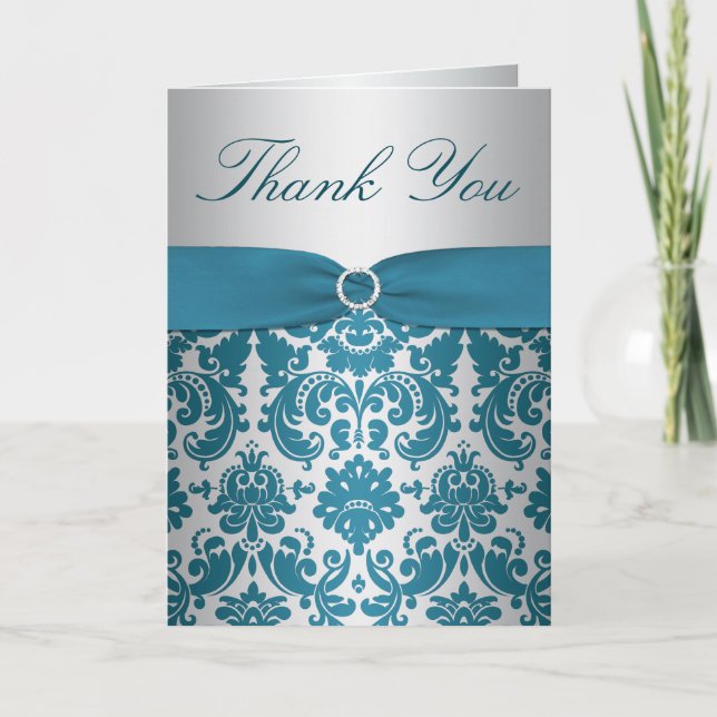 Carte de remerciements argenté et Turquoise Damas (Devant)