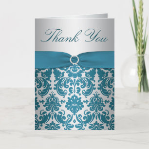 Carte de remerciements argenté et Turquoise Damas