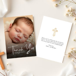 Carte De Remerciements Art blanc moderne Photo de bébé religieux Baptême