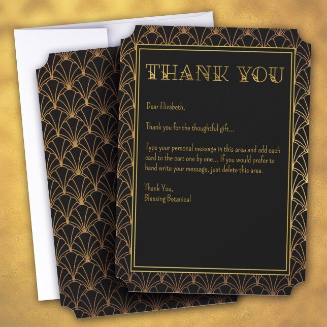 Carte De Remerciements Art déco noir et or (Black and Gold Art Deco Thank You Card)