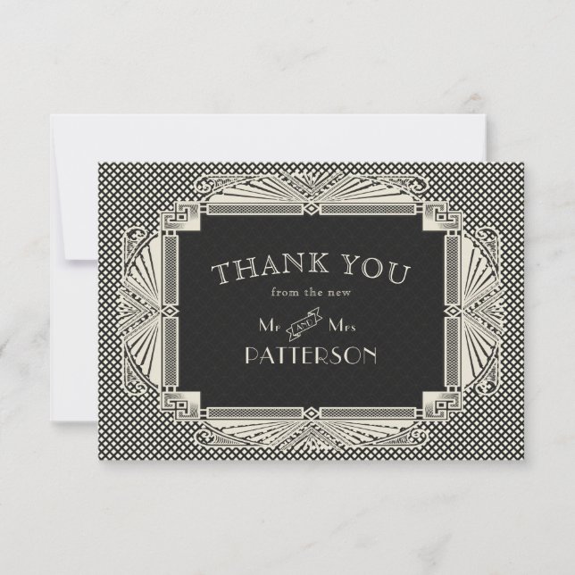 Carte De Remerciements Art Déco Noveau Mariage Noir Crème (Devant)