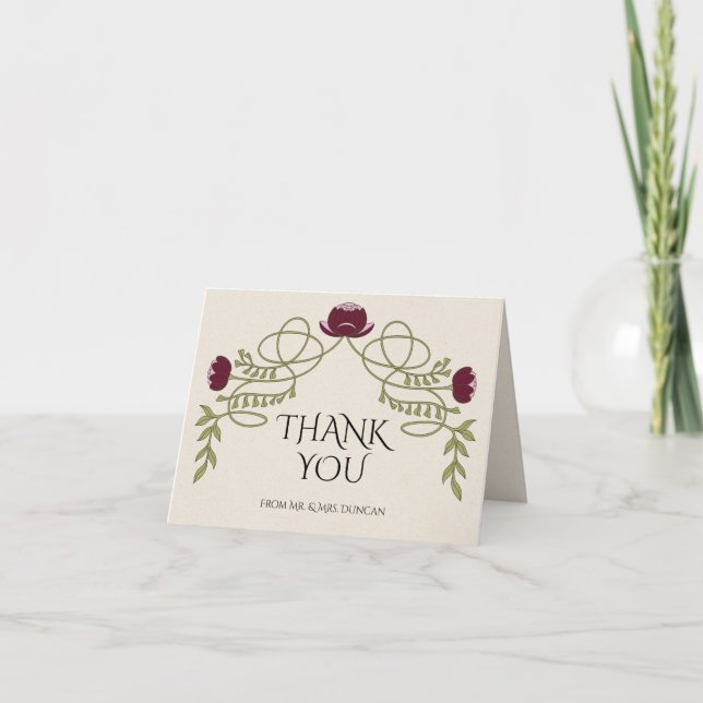 Carte De Remerciements Art Nouveau Burgundy Pink Flower Wedding Photo (Devant)