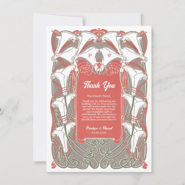 Carte De Remerciements Art Nouveau Calla Lily Élégance (Devant)