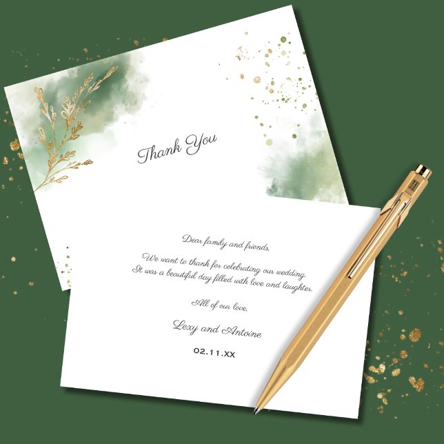 Carte De Remerciements Artistic Chic Moss Green Aquarelle or Mariage (Créateur téléchargé)