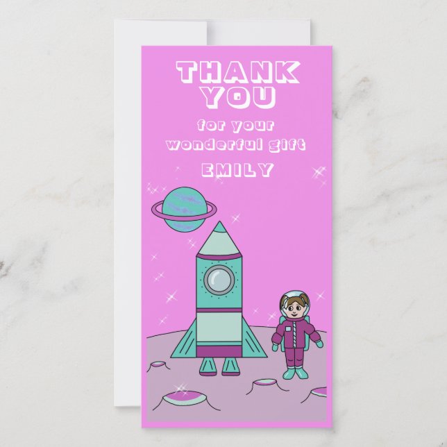 Carte De Remerciements Astronaut Girl Space Rocket rose Anniversaire (Devant)