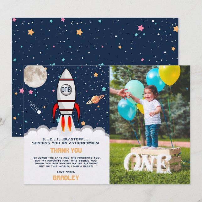Carte De Remerciements Astronaut Rocket Espace extra-atmosphérique 1ère p (Devant / Derrière)