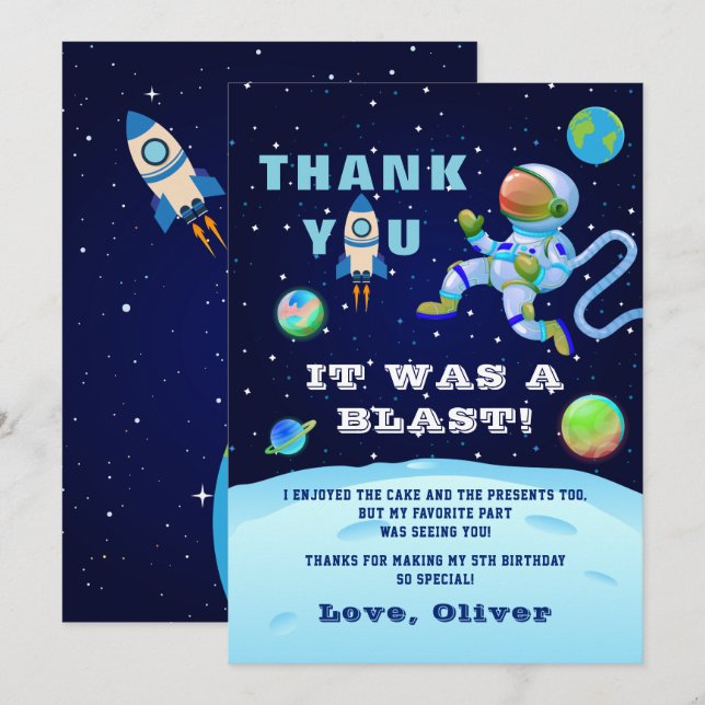 Carte De Remerciements Astronaute Bleu Terre Espace Anniversaire (Devant / Derrière)
