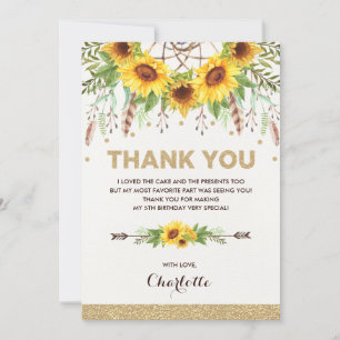 Carte De Remerciements Attrape-rêves aquarelle Fleurs de soleil Bohème po