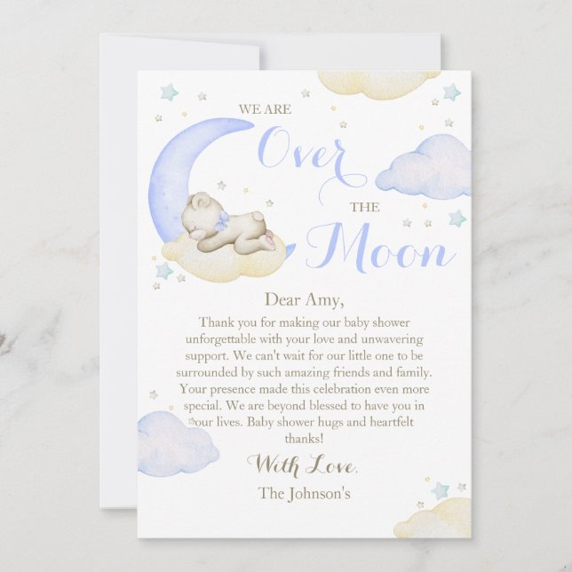 Carte De Remerciements Au-dessus du Baby shower Lune Boy Bear (Devant)