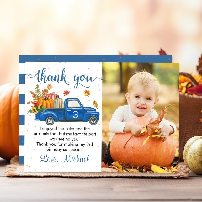 Carte De Remerciements Automne Citrouille Feuilles Bleu Camion Anniversai (Créateur téléchargé)