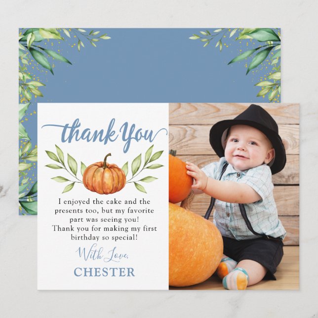 Carte De Remerciements Automne Dusty Blue Citrouille Automne Anniversaire (Devant / Derrière)