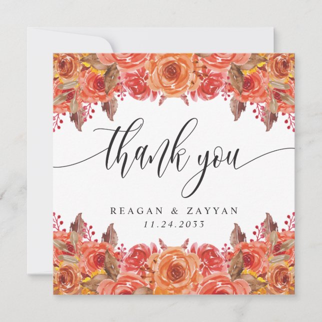 Carte De Remerciements Automne Floral Élégant Mariage d'automne (Devant)