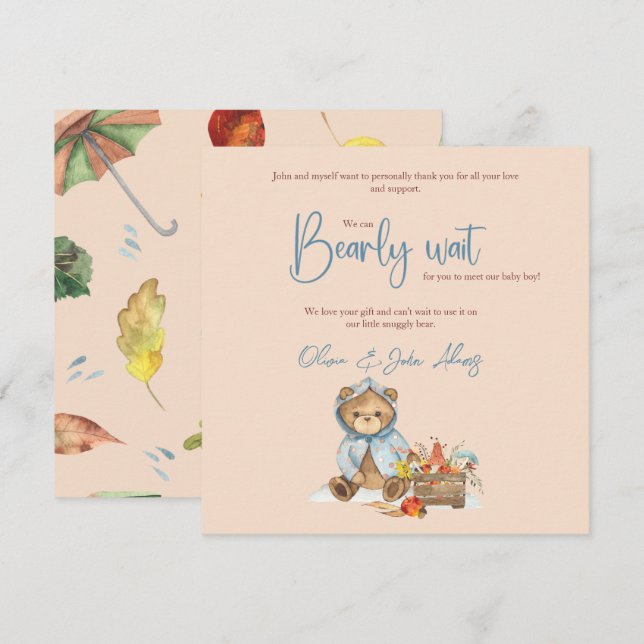 Carte De Remerciements Automne Ours Baby shower Merci, Ours d'automne (Devant / Derrière)
