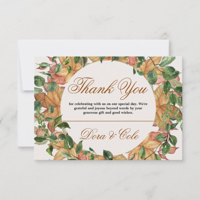 Carte De Remerciements Automne Rustique Orange Verdure Aquarelle Mariage (Devant)