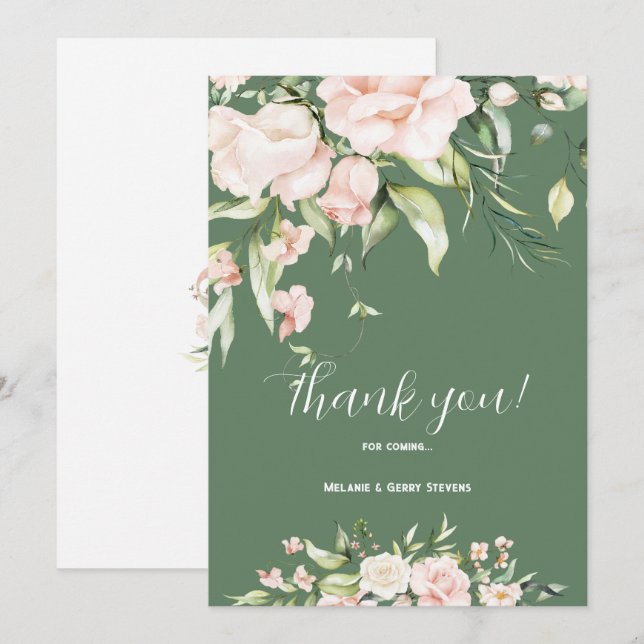 Carte de remerciements aux fleurs blanches et rose (Devant / Derrière)