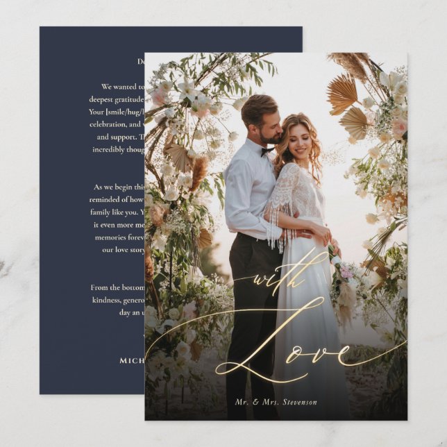 Carte De Remerciements Avec Love Gold Script Mariage Photo (Devant / Derrière)