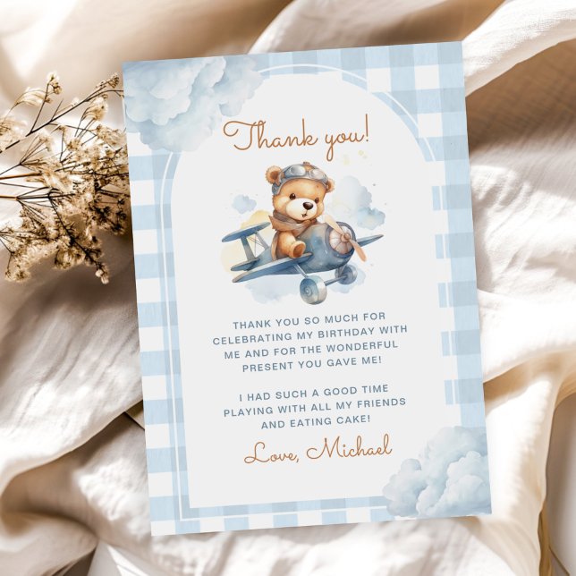 Carte De Remerciements Avion Teddy Bear Bleu 1er anniversaire (Créateur téléchargé)