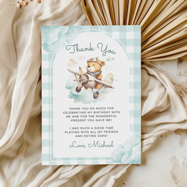 Carte De Remerciements Avion Teddy Bear Pastel En vichy 1er anniversaire (Créateur téléchargé)