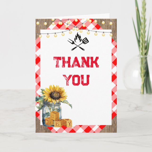 Carte De Remerciements Baby BBQ rouge plaid en vichy photo baby shower (Devant)