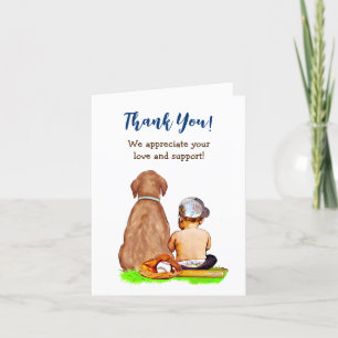 Carte De Remerciements Baby Boy and Dog Baseball Baby shower à thème