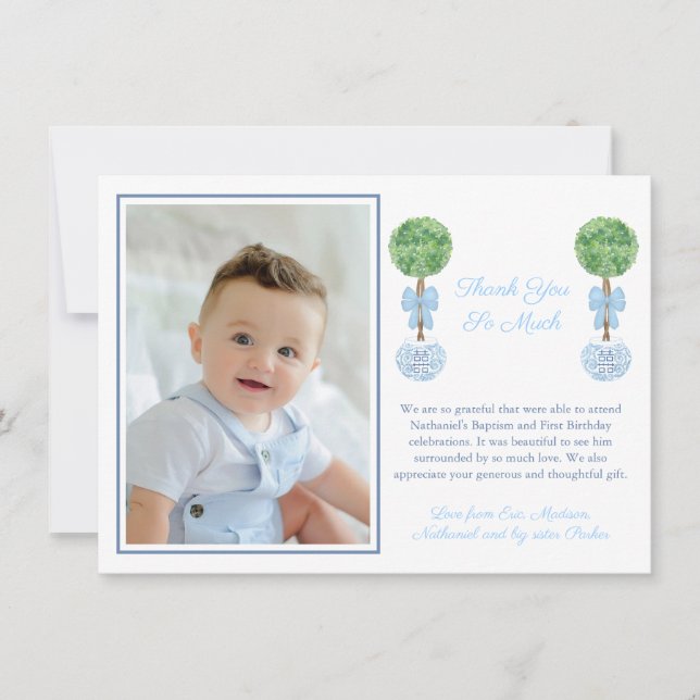 Carte De Remerciements Baby Boy Boxwood Topiary Baptême Anniversaire Phot (Devant)